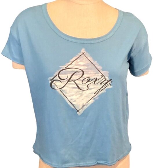 Roxy Cropped Graphic Short Sleeve Tee Top Cotton Tagless Rolled Hem XS Blue 42F - Picture 1 of 5